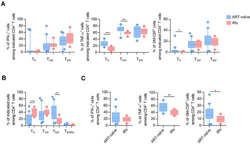 Figure 6 ART was instrumental in recovering naïve T cells but could not restore the function of cytokine secretion in CD4+ T-cell subsets. (A) Box plots of the frequencies of IFN-γ+, TNF-α+, and GM-CSF+ cells in TN, TCM, TEM CD4+ T cells from ART-naïve PLHIV with baseline CD4 count<200 cells/μL and IRs who had CD4+ T cell counts above 350 cells/μL after 3-year ART with matched baseline CD4 cell count. P values were obtained by the Kruskal–Wallis test, followed by Dunn’s multiple comparisons test. (B) The frequencies of TN, TCM, TEM, TEMRA CD4+ T cells in ART-naïve PLHIV and IRs. P values were obtained by the Kruskal–Wallis test, followed by Dunn’s multiple comparisons test. (C) The expression of IFN-γ, TNF-α, and GM-CSF in total CD4+ T cells from ART-naïve individuals and IRs. P values were obtained by unpaired t-test. *P < 0.05, **P < 0.01, ***P < 0.001.