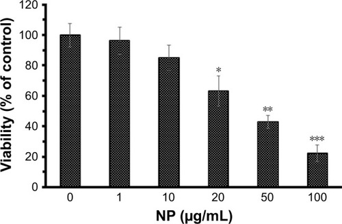 Figure 6 The viability of lymphocyte cell against increasing concentrations of NGOs (1, 10, 20, 50, and 100 µg/mL) by Trypan blue exclusion test.Note: *P<0.05, **P<0.01, and ***P<0.001 compared with the negative control sample.Abbreviations: NGO, nano graphene oxide; NP, nanoparticle.