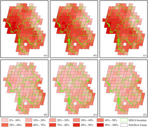 Figure 4. Differences in seasonal average of AP of Landsat historical data (93,234 scenes) over MSEA and Yunnan Province, China between 1986 and 2015 with 30% or less CC for a ten-day range during the dry season: (a) early month, (b) mid-month, and (c) late month, and during the rainy season: (d) early month, (e) mid-month, and (f) late month.