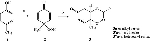 Figure 3. Scheme of synthesis of target compounds, 3a–e, 3′a–n, 3″a–e. Reagents and conditions: (a) Oxone, NaHCO3/CH3CN/H2O, rt; (b) RCHO, 40–50 °C, 8–12 h, CH2Cl2, PTSA.