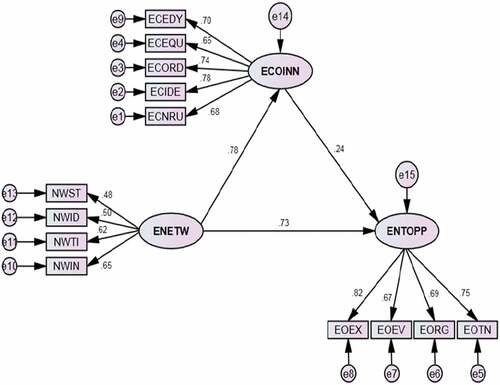 Figure 1. SEM model showing entrepreneurial networking, ecologies of innovation and opportunity exploitation.