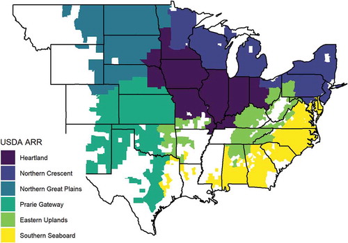 Figure 5. Spatial boundaries of this study; only counties where data was available, and so were included in the analysis, are shown coloured in.