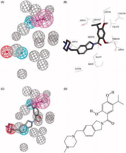 Figure 1. (A) 2XJX_2_05, the QSAR successful pharmacophore generated by DS studio 4.5, (B) cocrystallized XJX1232 in Hsp90 (2XJX, resolution 1.66 Å), (C) mapping of pharmacophore with cocrystallized Ligand XJX1232, (D) chemical structure of XJX1232.