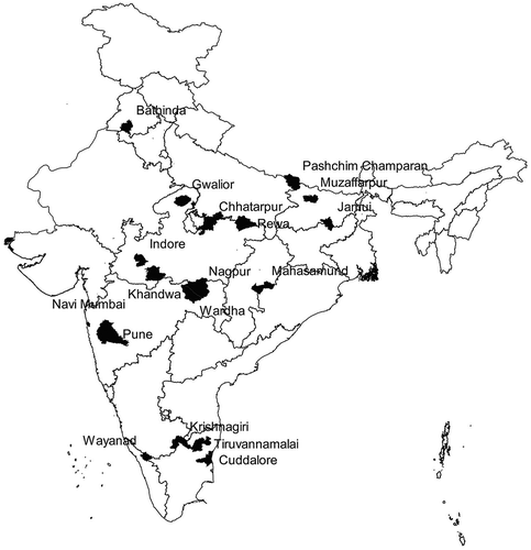 Figure 1. Map of India depicting the randomly sampled Axshya districts (n = 18) under Axshya SAMVAD study, India (2016–17) [Citation26]. *SAMVAD: Sensitisation and Advocacy in Marginalised and Vulnerable Areas of the District. Axshya SAMVAD: an active case finding strategy under project Axshya implemented by The Union, South East Asia office, New Delhi, India, across 285 districts of India. *Reprinted with permission of the International Union Against Tuberculosis and Lung Disease. © The Union [Citation26].