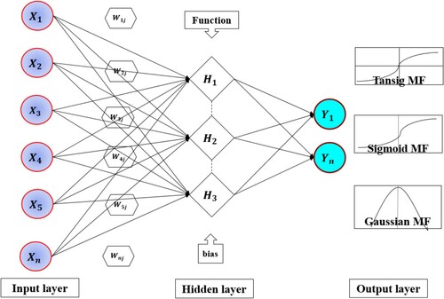 Figure 3. Typical ANN architecture for SSL modeling where w: weight and bias are justified by the training process. Most common transfer functions are sigmoid, Gaussian and tangent sigmoid (i.e. tansig).