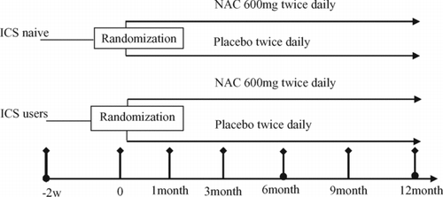 Figure 1.  Study Flowchart, • indicates pulmonary function test was performed; ♦ indicates SGRQ, St. George's Respiratory Questionnaire was completed, Diary card was dispensed and reclaimed. NAC: N-acetylcysteine.