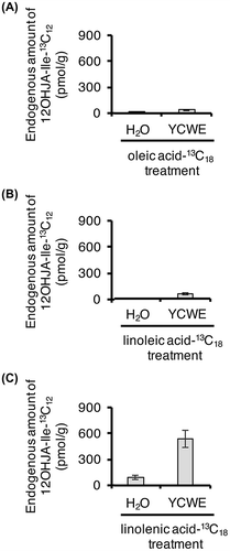 Fig. 5. (A) Endogenous amount of 13C12–12OHJA-Ile in rice cell suspension cultures treated with oleic acid-13C18 (A), linoleic acid-13C18 (B), and linolenic acid-13C18 (C). Bars indicate the mean ± S.E. (n = 6).
