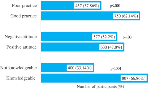 Figure 1 Comparison of participants responses according to knowledgeable and not knowledgeable, positive and negative attitudes and good and poor practices groups.