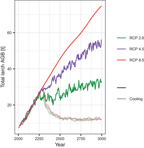 Figure 6. Simulations of temporal change in the study region under different climate scenarios until 3000 CE of total larch aboveground biomass (AGB).