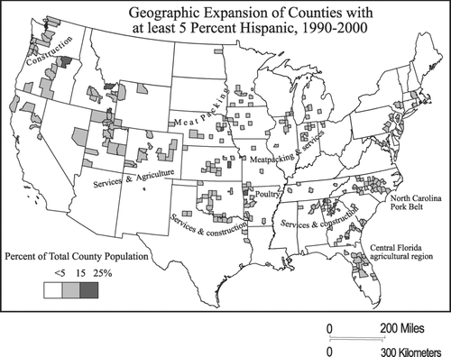 Figure 3 Counties that reached the 5 percent threshold of Hispanic population between 1990 and 2000.