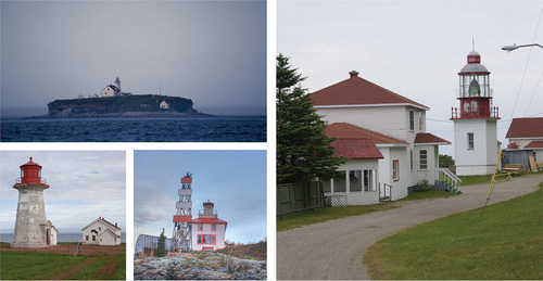 Figure 1. Reusing Lighthouses as Lodgings (clockwise: Ile aux Perroquets Lighthouse, PQ; photo: M. Villeneuve, 2005; Cap Chat Lighthouse, PQ; photo: A. Beloin, 2010; McKay Island Lighthouse, ON; photo: J.M. Cunnin, 2016; Cap D’Espoir Lighthouse, PQ; photo: C.W. Bash, 2008).