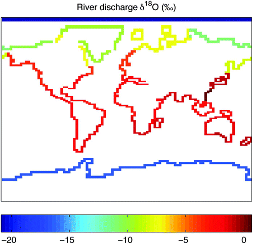 Fig. 8 Annual mean δ18O in model river discharge (‰). River runoff from 32 river basins is discharged at coastal points (described in Weaver et al. (Citation2001)).