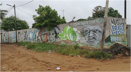 Figure 13. Bruno Mateus (AKA Shot-B) (Maputo, Mozambique, 1983) Mural depicting anti-colonial writers, with citations from their work (Mafalala, Maputo, 2019). Source: Author’s own photograph (28 February 2020).