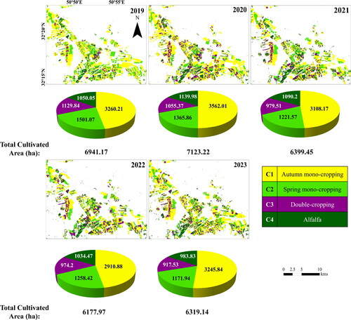 Figure 8. Cropping Intensity Pattern (CIP) maps of 2019-2023 derived from the proposed methodology. All the area units are in hectares (ha).