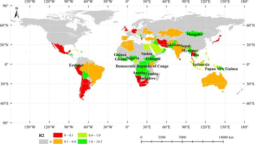 Figure 6. Ratio of the power generated by COPSs to each country’s annual increase in electricity consumption (R2,k).