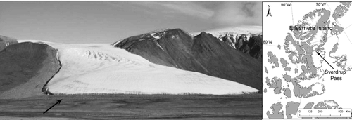 FIGURE 1 Photograph of the north-facing Teardrop Glacier with arrow indicating the study area and map of Sverdrup Pass in central Ellesmere Island (79°10′N, 79°45′W), Nunavut. The lighter colored terrain visible in the photograph to the left of the glacier shows the lichen ‘trim line’ and the extent of glacier melt since the end of the last Little Ice Age.
