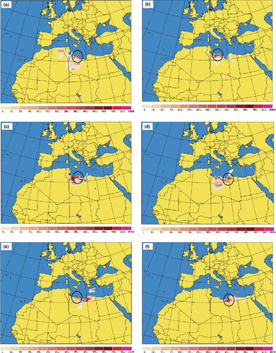 Figure 8. 6-hour wet dust deposition (mgr/m2) of large silt particles, black circles denote the maximum amount of wet dust deposition, (a) 1985 mgr/m2 on 3 March 2004 at 1800 UTC, (b) 2079 mgr/m2 on 4 March 2004 at 0600 UTC, (c) 2201 mgr/m2 on 4 March 2004 at 1200 UTC, (d) 3045 mgr/m2 on 4 March 2004 at 1800 UTC, (e) 3058 mgr/m2 on 5 March 2004 at 0000 UTC, (f) 2105 mgr/m2 on 5 at March 2004 at 0600 UTC.