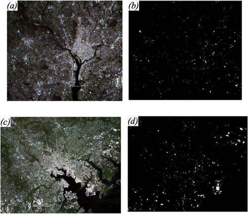 Figure 8. (a, c) Sentinel-2 images for large DC area and Baltimore area attained in August 2019. (b, d) The derived change map for the large DC area and Baltimore area from April 2018 to August 2019.