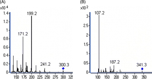 Figure 1.  The mass spectra of hydrocodone (A) and I.S. (B).