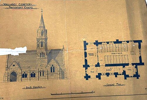 Figure 4. Scaled view (south elevation) and ground plan of Wallasey Cemetery Protestant Chapel.Source: Wirral Archives W/40/12. Image reproduced with permission.