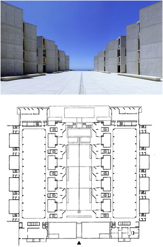 Figure 3. Plan and courtyard view of the Salk Institute (Leslie Citation2008).