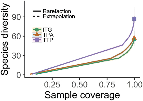 Figure 7. Coverage-based rarefaction and extrapolation curves with 95% confidence intervals comparing plant species richness across three understory herb communities (ITG, TPA, and TTP) in Gurez valley of Kashmir Himalayan region. Note solid lines represent the reference samples, and the extrapolation part is almost invisible.