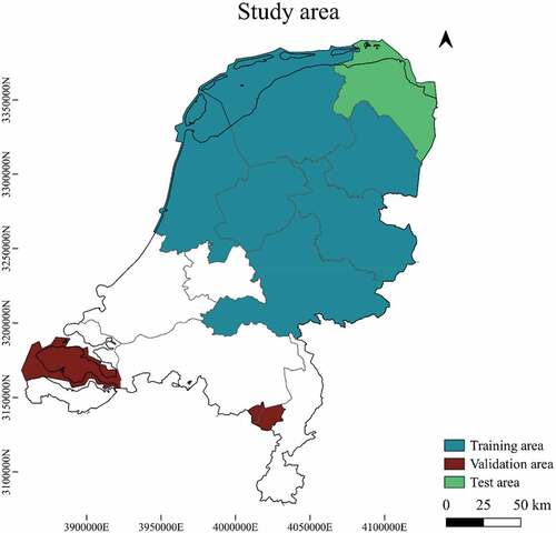 Figure 2. Study area with the training area (northern part of the Netherlands; blue), the validation areas (Zeeland, Noord-Brabant, Limburg; brown) and the test area (Groningen; green)
