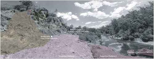 Figure 7. The Millukmungee 1 landscape looking upstream. Note the position of the spring at the anomalous contact (fault) between the Buchan Caves Limestone and the Snowy River Volcanics. The stepped flats of travertine (Travertine Platforms 1 and 2) formed through karstic dissolution and redeposition of the limestone (photo and figure by Jean-Jacques Delannoy).