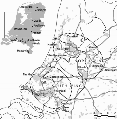 Figure 2. The approximate position of the Randstad in the Netherlands (upper left) and the main cities comprising the Randstad (right) (Meijers, Citation2005).
