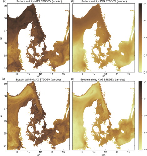 Fig. 11 Maximum surface salinity STDDEV (PSU) over time (a) and time-average (b) as well as time-maximum (c) and time-average (d) bottom salinity standard deviation over time for the 12-month simulation. Computations based on hourly values of salinity.