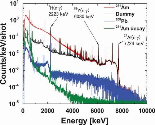 Figure 11. The PH spectra of the 241Am (red), dummy (black), 208Pb (blue), and 241Am decay (green) measurements. These PH spectra were normalized using the number of proton beam pulses. Sample-independent background estimated from the PH spectra for the blank measurement was subtracted.