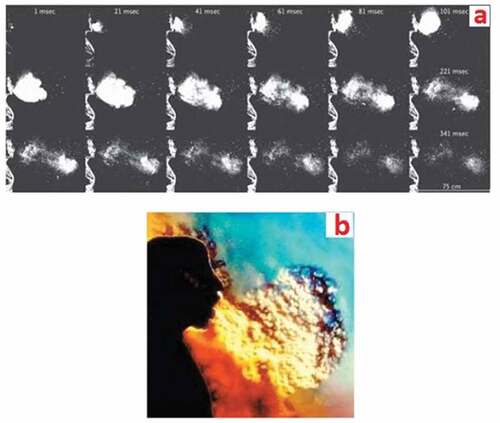 Figure 2. A photograph of particle distribution caused by human-being from mouth secretion through a) sneezing and b) cough (Gayathri et al. Citation2021).