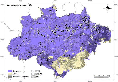 Figure 92. Occurrence area and records of Gonatodes humeralis in the Brazilian Amazonia, showing the overlap with protected and deforested areas.