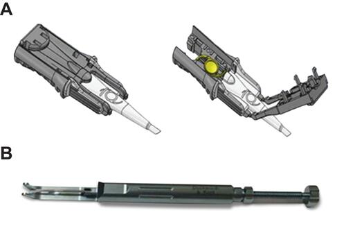 Figure 1 The UNFOLDER Vitan Handpiece (Model DK7799). This novel preloaded IOL delivery system consists of a disposable modular cartridge (A) and a reusable titanium handpiece (Model DK7799) (B).