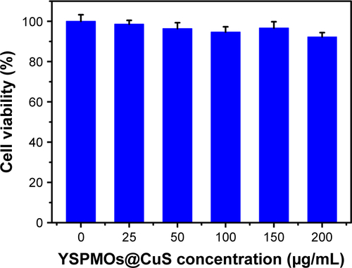 Figure S3 Cell viability of MDA-MB-231 cells incubated with blank YSPMOs@CuS nanoparticles.Abbreviation: YSPMOs, yolk–shell-structured periodic mesoporous organosilica nanoparticles.