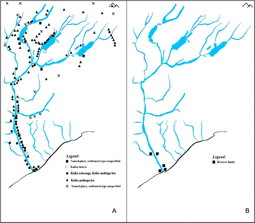 Figure 3 Settlement patterns in the Waitaki. A, Pre-European. B, Post-European.Note: Adapted by K. Nelson from the Beattie 1920s' map and Beattie (Citation1945).