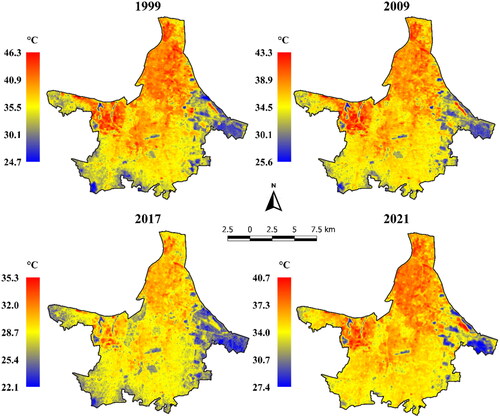 Figure 6. Land surface temperature distribution across kolkata city for 1999, 2009, 2017 and 2021 (LST legend is in °C).