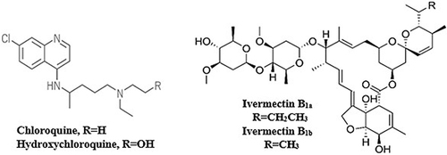 Figure 2 Molecular structure of chloroquine, hydroxychloroquine and ivermectin.