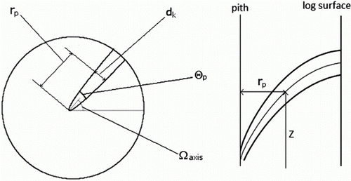 Figure 1.  Description of the key geometrical features for SPSB knots. These features are calculated using the 11 Swedish Pine Stem Bank knot parameters A–K.