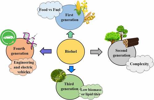Figure 1. Displays the generation of biofuels as well as associated challenges with each generation