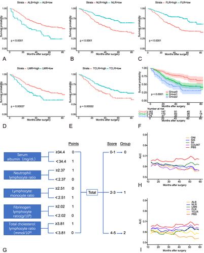 Figure 1 Construction of peripheral blood score (PBS). Survival analysis of albumin (A), NLR (B), FLR (C), LMR (D), TCLR (E), and PBS (F) based on overall survival. (G) Calculation of the peripheral blood score (PBS). (H and I) Analysis of the predictive accuracy of the different score systems through the months of follow-up, computed by the AUC of time-dependent ROC.