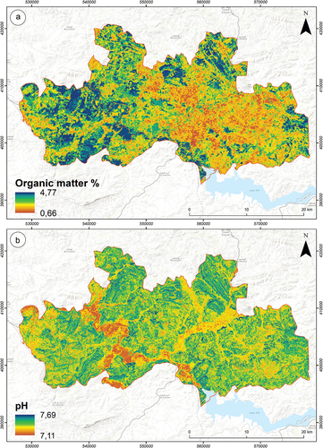 Figure 9. Spatial prediction of a) SOM and b) pH.