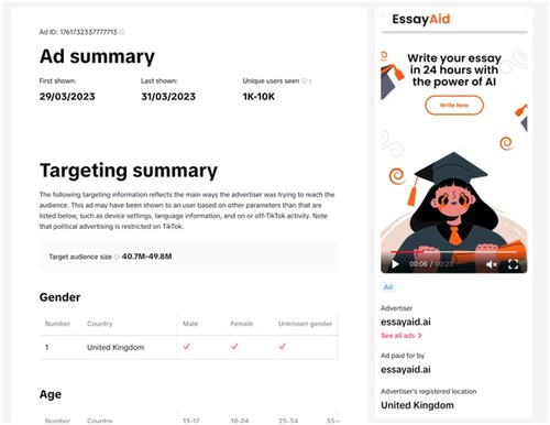 Figure 2. EssayAid claims to be registered in the United Kingdom, and advertises on TikTok. Source: TikTok Ad Library <https://library.tiktok.com/ads/detail/?ad_id=1761732337777713> accessed 4 September 2023.