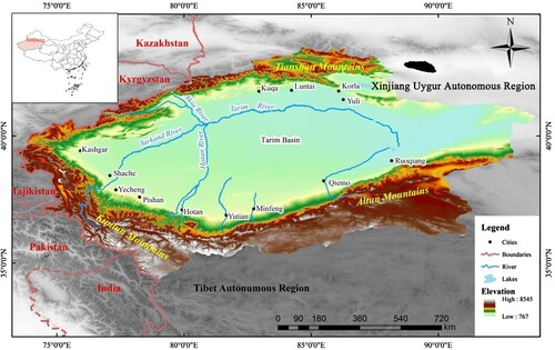 Figure 1. Location and overview of the study area, the Tarim Basin in Xinjiang, China.