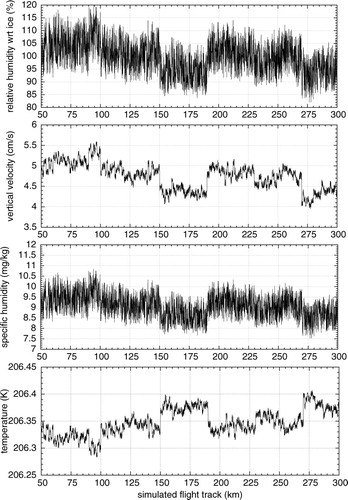 Fig. 14 Variations of different variables (RHi, w, q and T) relevant for the small structure of ISSRs.