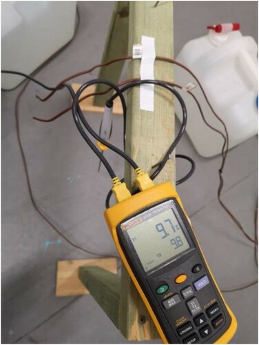 Picture 7. The Fluke 54 II B thermometer and probes measuring air temperature, taped to a wooden rail. The photo was taken during the test performed at +10°C.