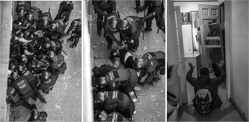 Figure 1. Pictures taken from carlos’s balcony inside the property being repossessed show a riot police intervention in front of an eviction blockade. Source: Ivan geisen (BTU).