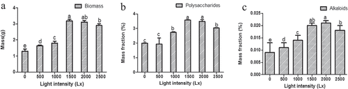 Figure 6. The influence of different levels of light intensity on the accumulation of biomass (a), polysaccharides (b), and alkaloids (c) in seedling culture
