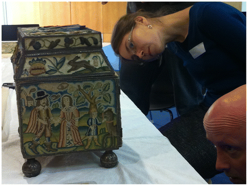 Fig. 2. Looking at an embroidered box, ‘Scenes from the Life of Abraham’, anonymous, English, possibly Miss Bluitt, later Mrs Payne, c. 1665, Ashmolean Museum, University of Oxford, WA 1947.191.315.