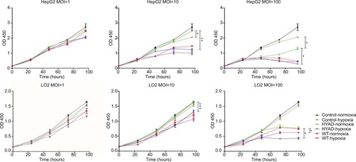 Figure 3 proliferation of HepG2 and LO2 in control, HYAD, and WT group after being infected for 24, 48, 72, and 96 hours at MOI 1, 10, and 100, respectively.Notes: CCK-8 kit was used to detect the proliferation and the absorbance was measured at 450 nm. Cells were harvested at the indicated time. Data are the mean ± SD of three independent experiments. *P<0.05; **P<0.01; ***P<0.001.Abbreviations: CCK-8, cell-counting kit-8; HYAD, hypoxia-replicative oncolytic adenovirus; MOI, multiplicity of infection; WT, wild adenovirus type 5.